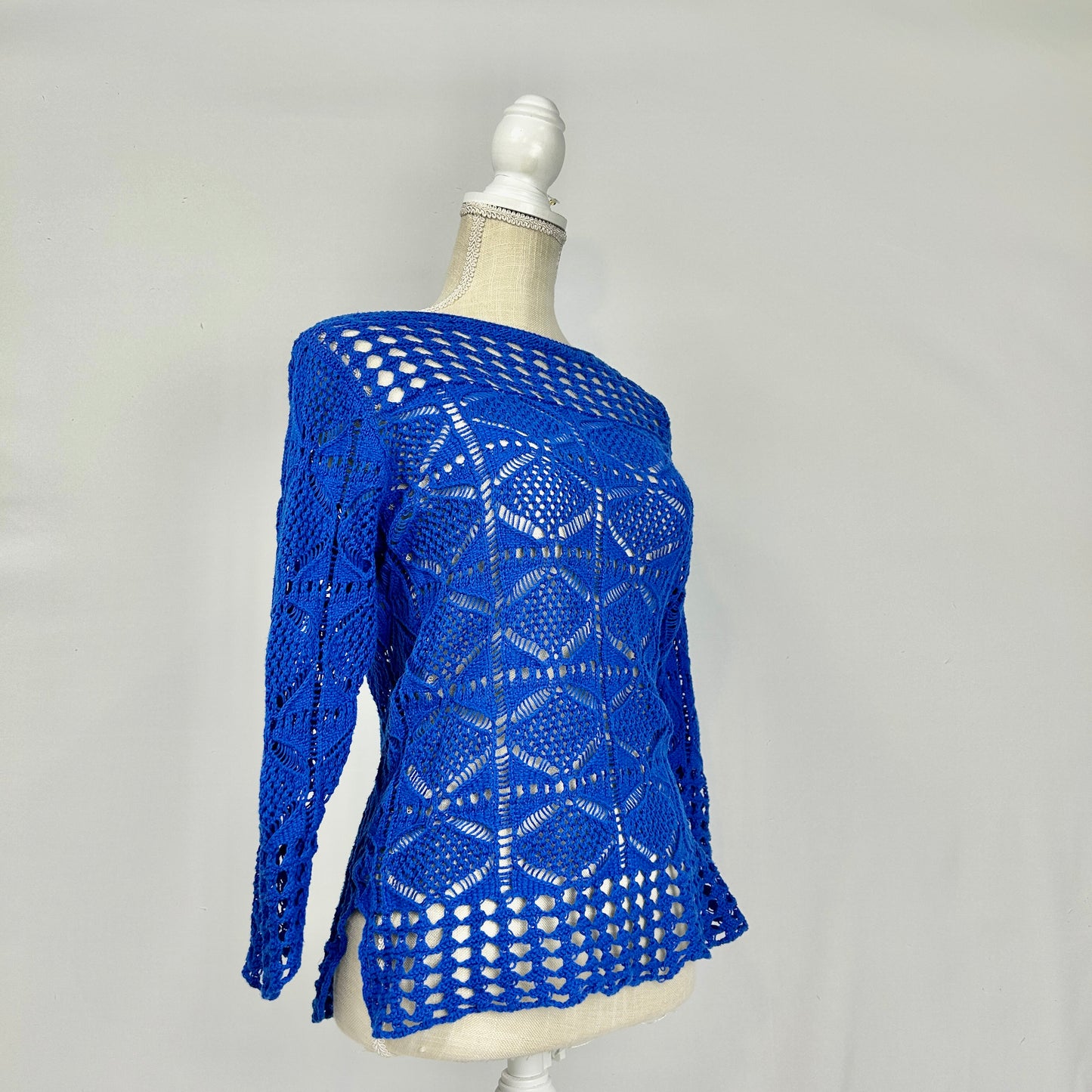 M Jeanne Pierre Blue Crochet Cardigan Top