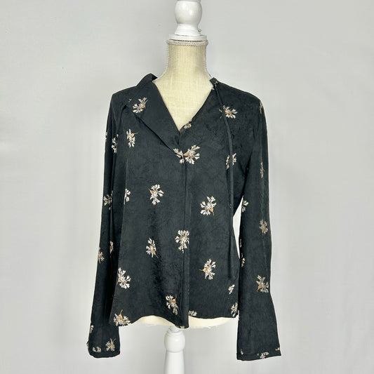 S Vince Black Dainty Floral Print Tie Neck Pullover Blouse