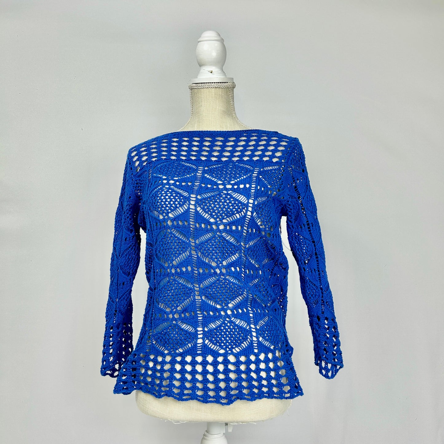 M Jeanne Pierre Blue Crochet Cardigan Top