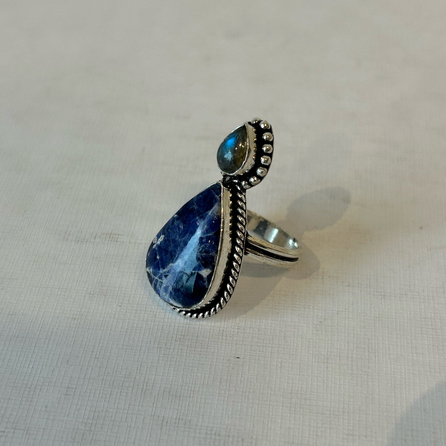 Silver Plated Double Teardrop Blue-Labradorite Ring