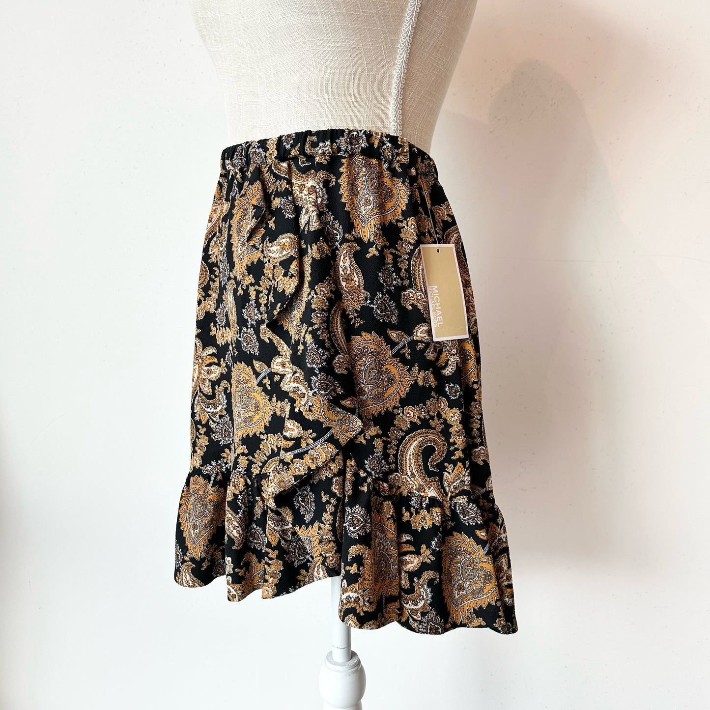 L Michael Michael Kors Black Orange Paisly Ruffle Mini Skirt