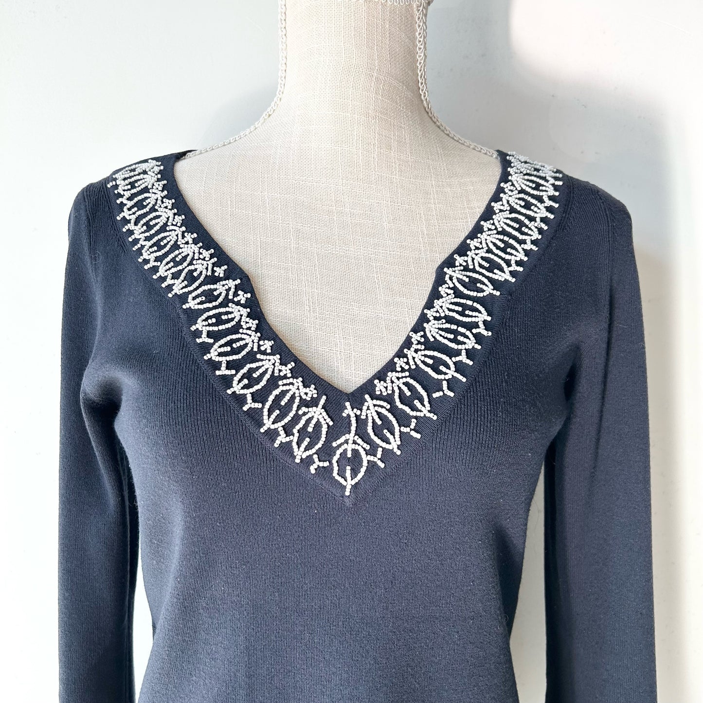 S LOFT Dark Blue White Beaded Long Sleeve