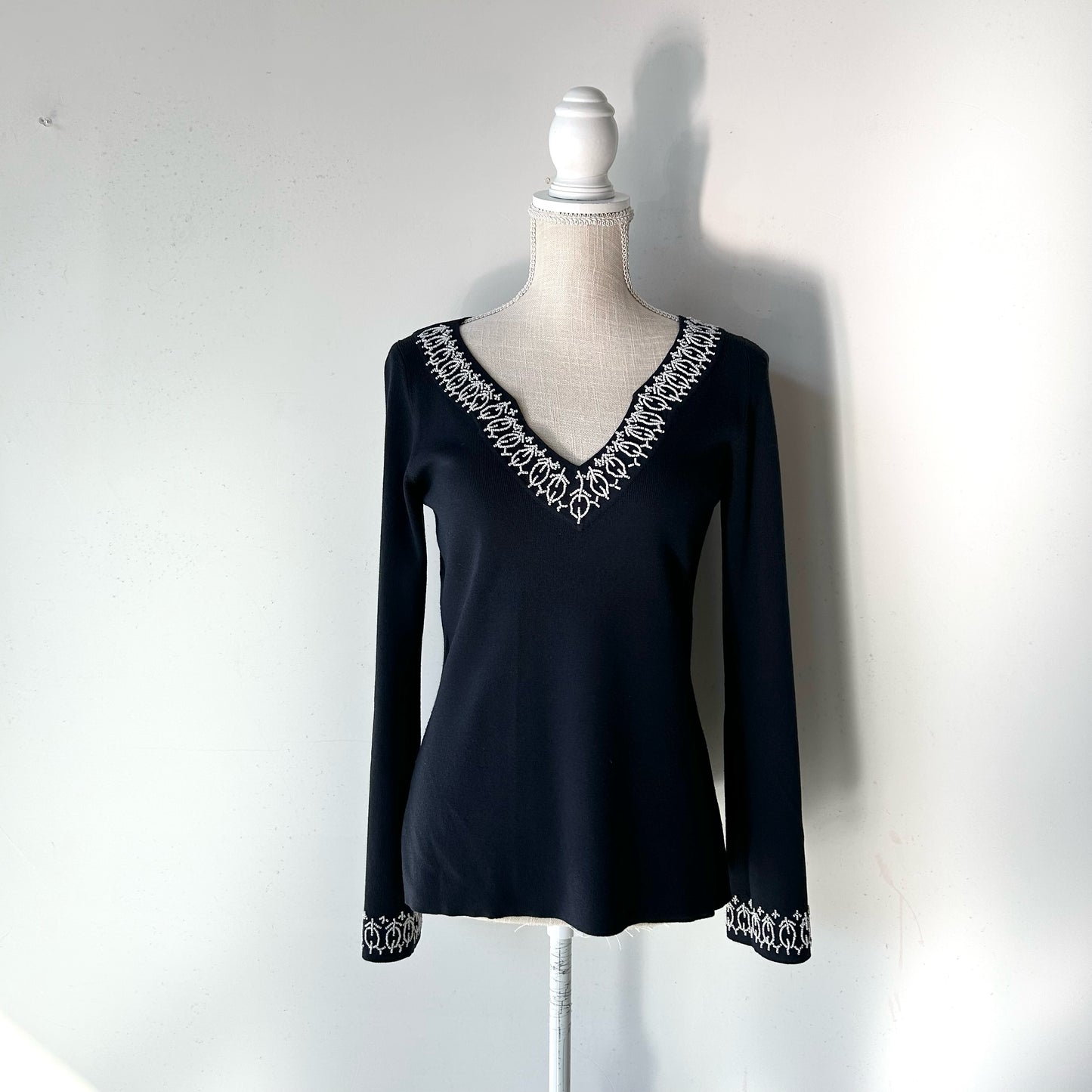 S LOFT Dark Blue White Beaded Long Sleeve