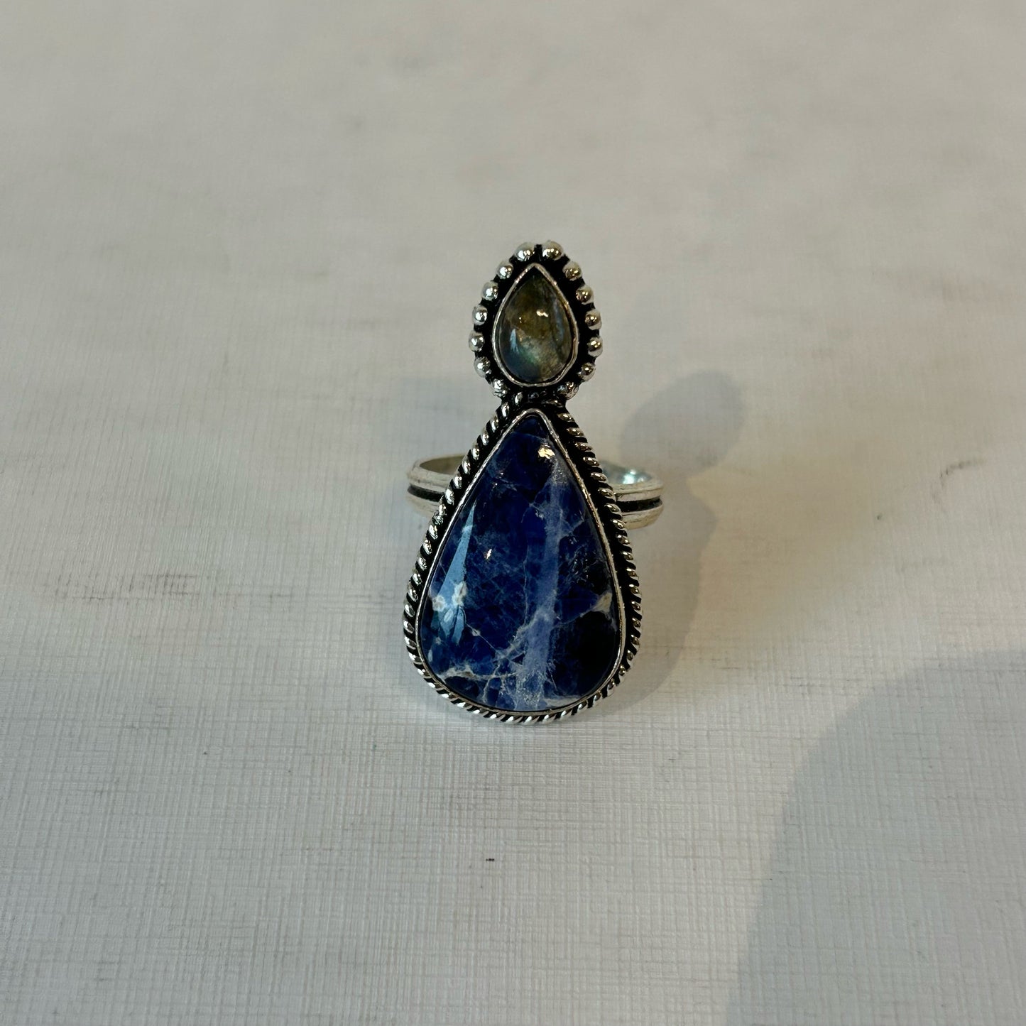 Silver Plated Double Teardrop Blue-Labradorite Ring