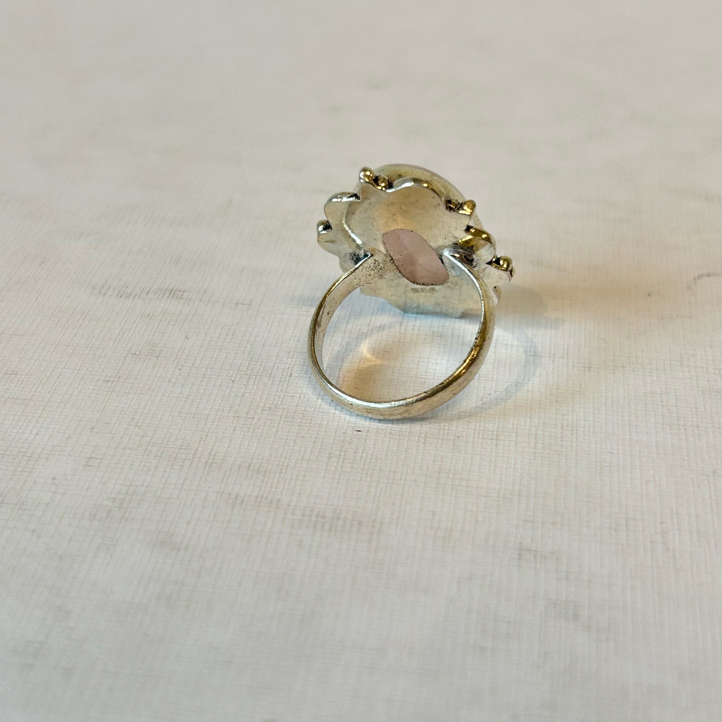 Silver Plated Rose Quarts Oval Ring
