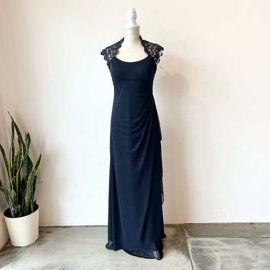 S/3 XSCAPE Dark Blue Metallic Lace Prom Bridesmaid Dress