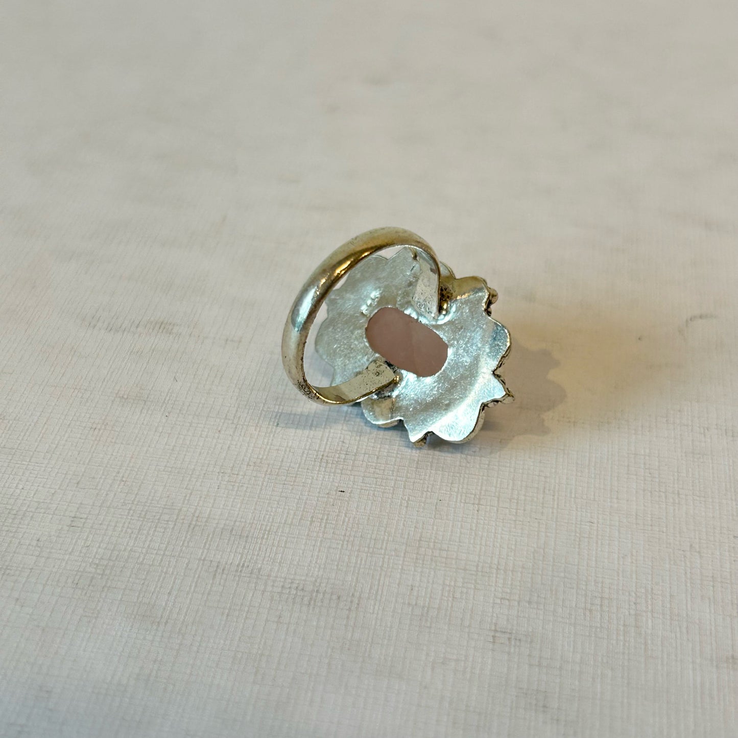 Silver Plated Rose Quarts Oval Ring